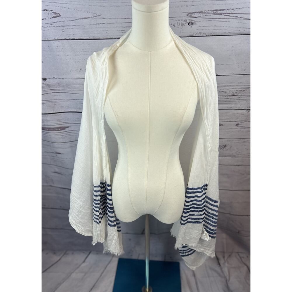 MNG White Blue Stripe Cotton Scarf Shawl Wrap Fringe Raw Hem Lightweight - Picture 2 of 4
